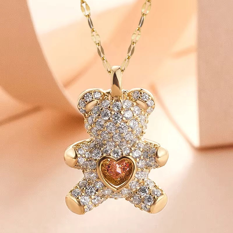 Flash Lovely Bear Pendant Necklaces for Women Golden Titanium Stainless Steel Neck Link Chain female Jewelry Gift