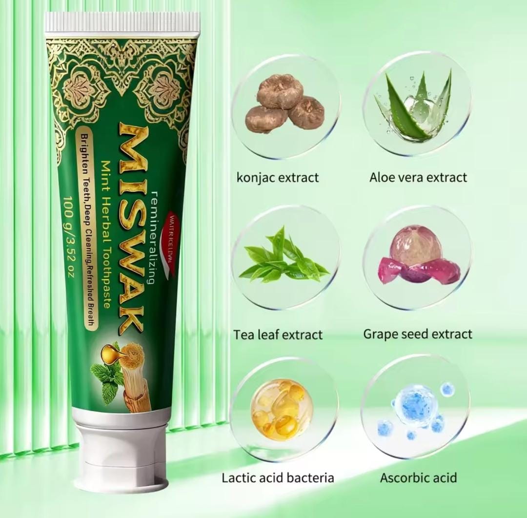 Miswak Remineralizing Mint Herbal Toothpaste - Deep Cleansing, Teeth Brightening & Fresh Breath with Hydroxyapatite
