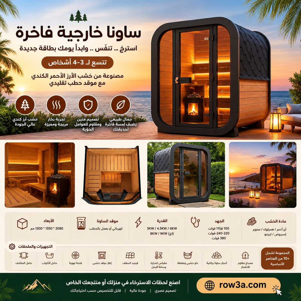 Customized 3-4 Person Outdoor Solid Wood Sauna, Luxury Modern Canadian Red Cedar Hemlock Steam Sauna with Wood Burning Stove
