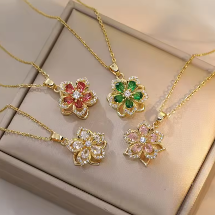 Shiny Zircon Romantic Flower Pendant Necklace For Women Gold Plated Rotatable Flowers Choker Girls Wedding Party Luxury Jewelry